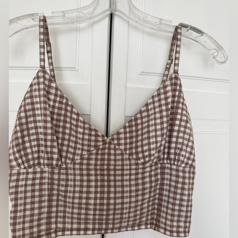O'Neill Brown and Cream Kalia Gingham Crop Top with Stretch Detail In Back-Sz S